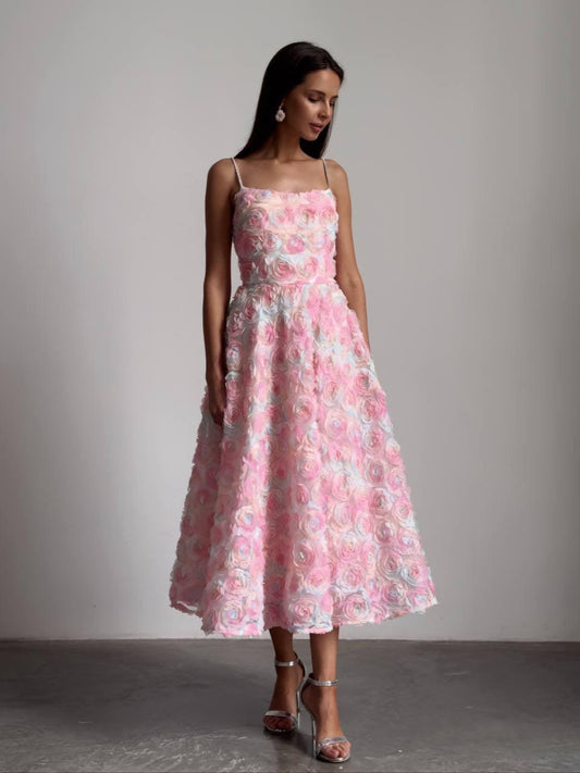 ELEGANT FLORAL MIDI PINK DRESS